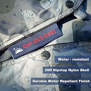 gray camo water resistant dwr durable water repellant finish with snap